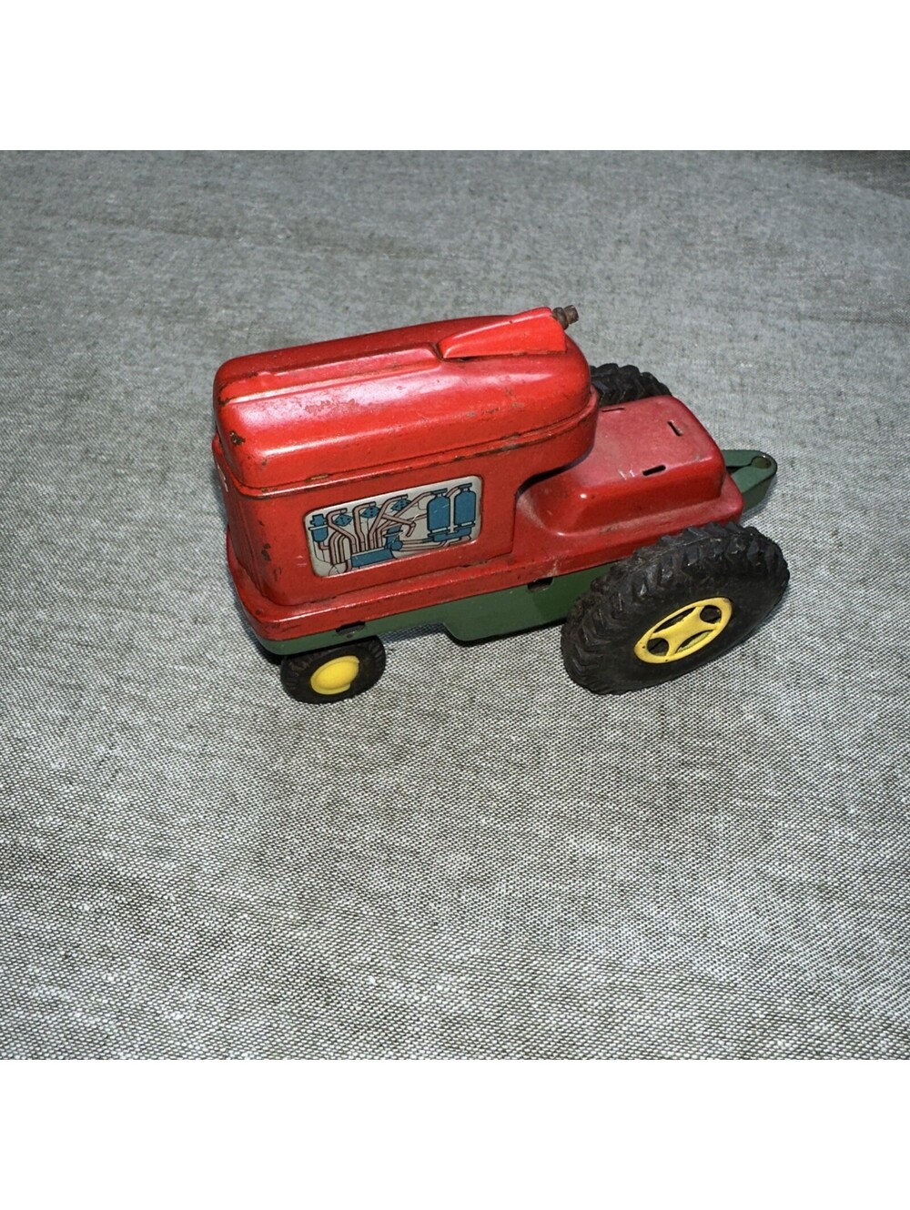 Red & Green Tin Friction Tractor Works. Japan